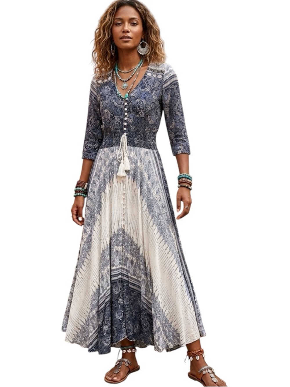 Jaase Blue & White Boho Short Sleeve Button Front Maxi Dress Size Size Small